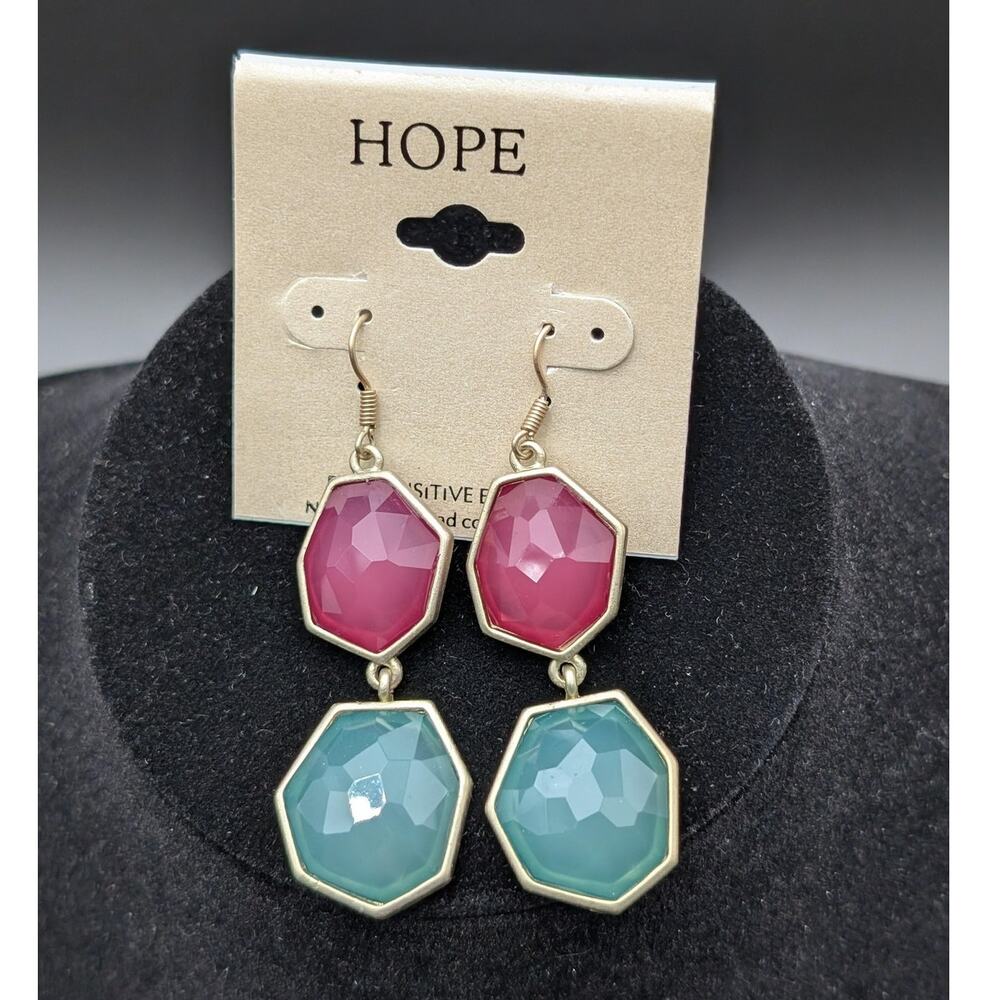 HOPE Dangle Earrings Pink Aqua Gold Geometric Drop Nickel Free Sensitive Ears